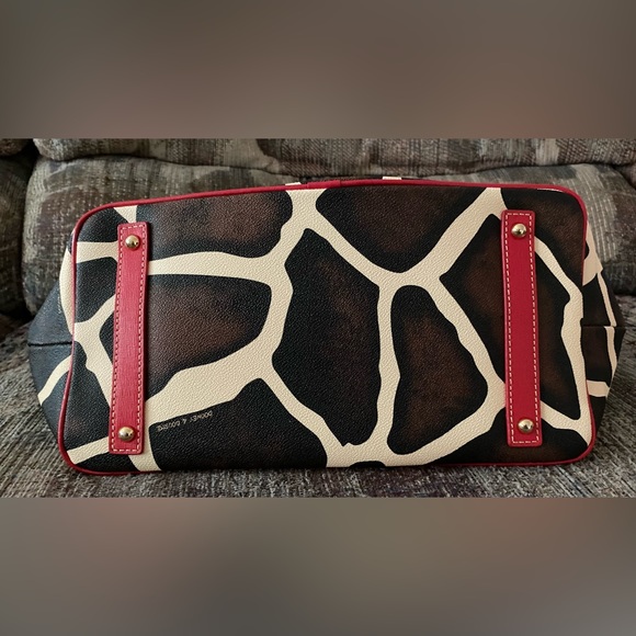 Dooney & Bourke giraffe print tote with red strap. - Picture 6 of 15